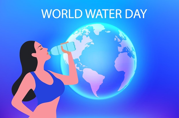 World water day concept woman drinking water vector illustration save water for ecology