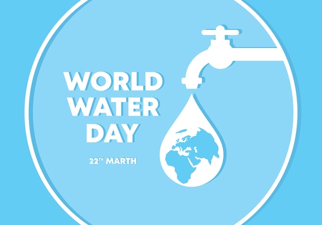 World water day poster banner background with faucet and world map on blue color