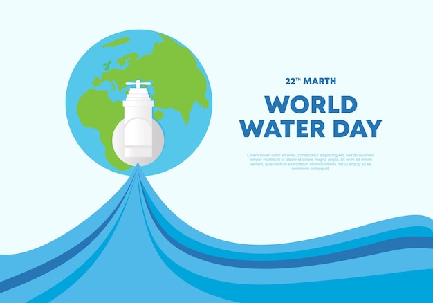 Вектор Плакат всемирного дня воды на фоне с мировым глобусом и насосом на синем-белом цвете