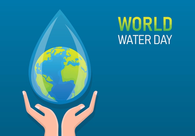 World water day poster campaign on blue background. hand hold save earth drop water in 22 March.