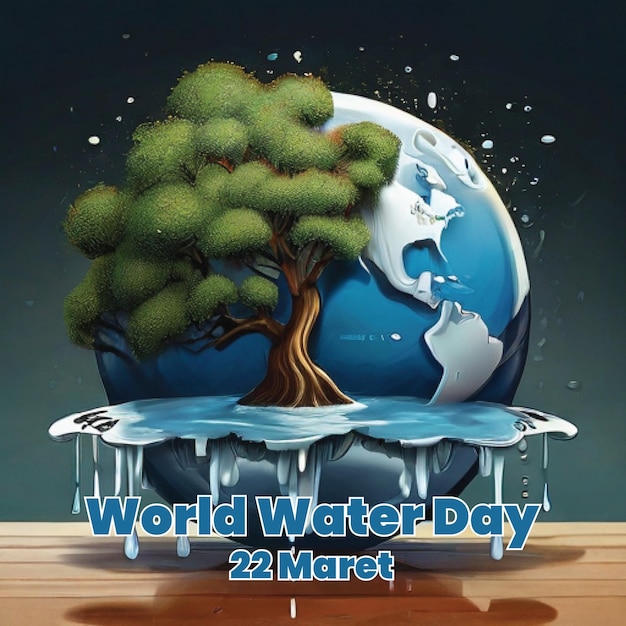 WORLD WATER DAY TAMPLET ILLUSTRATION OF A TREE GROWING ALONGSIDE A GLOBE ON WATER