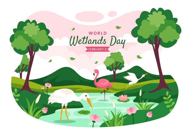 Векторная иллюстрация Всемирного дня водно-болотных угодий 2 февраля с животными и садом на заднем плане