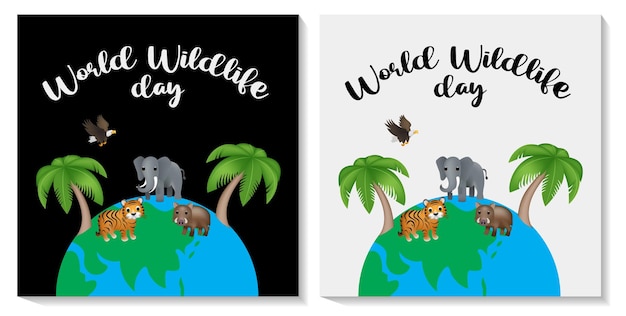 Vector world wildlife day. happy wildlife day web banner set with the animal and trees on globe.