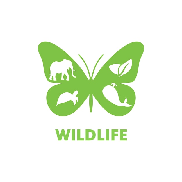 Vettore logo world wildlife day, farfalla con safari africano e decorazione di animali marini