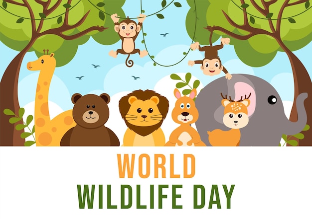 Vettore giornata mondiale della fauna selvatica per aumentare la consapevolezza degli animali e preservare l'habitat nella foresta nell'illustrazione