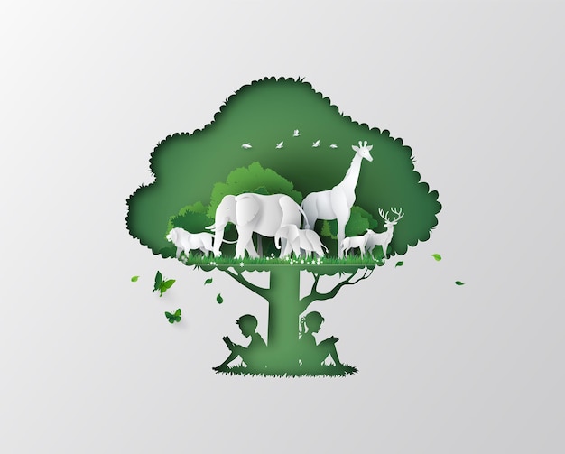 Vector world wildlife day with the animal in forest  on tree frame paper art and digital craft style