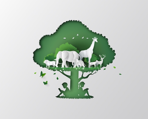 World wildlife day with the animal in forest  on tree frame paper art and digital craft style