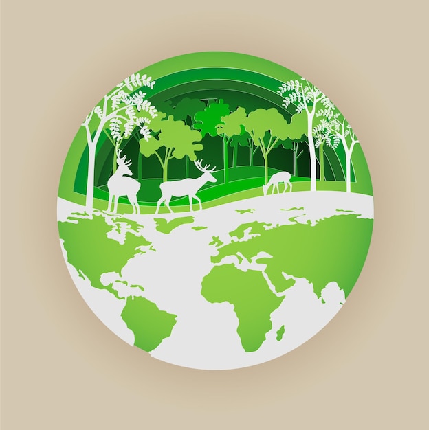 World wildlife day with the animal in forest on tree frameVector illustration in paper cut style