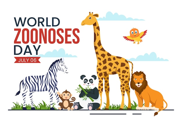 Векторная иллюстрация Всемирного дня зоонозов 6 июля с различными животными в лесу