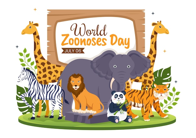Векторная иллюстрация Всемирного дня зоонозов 6 июля с различными животными в лесу