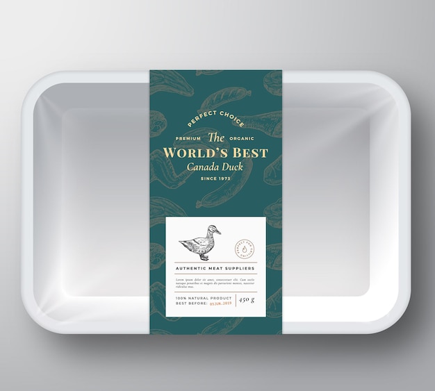 Vector worlds best poultry abstract vector plastic tray container cover premium meat packaging design label layout hand drawn duck steak sausage wings and legs sketch pattern background