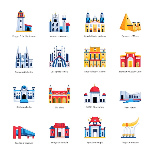 Worlds Historic Monuments Flat Icons