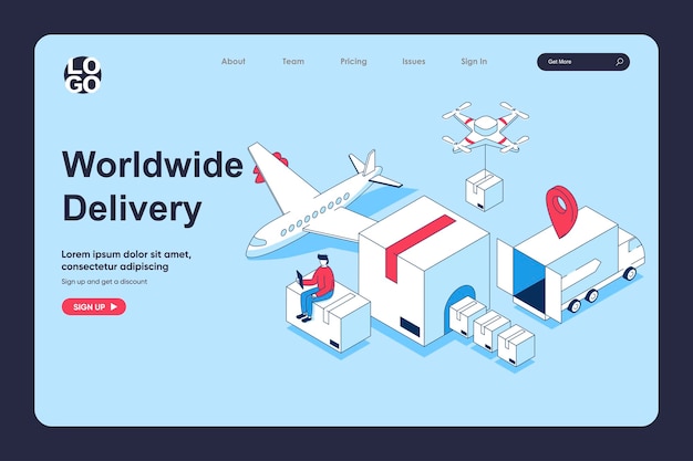 Vector worldwide delivery concept in 3d isometric design for landing page template people working at global logistic company service managing parcel airmail and van shipping vector illustration for web