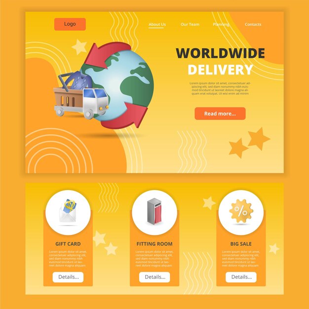 Worldwide delivery flat landing page website template gift card fitting room big sale web banner with header content and footer vector illustration