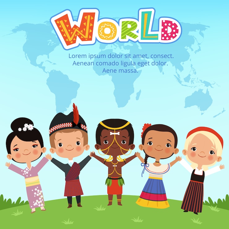 Vector worldwide kid of different nationalities standing on the earth