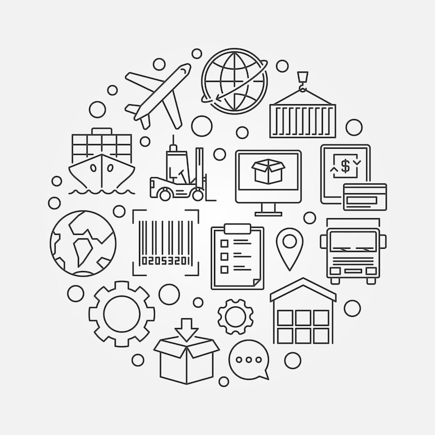 Illustrazione rotonda del concetto di vettore di logistica mondiale in stile linea sottile