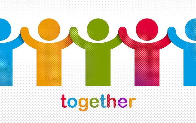 worldwide people global society concept, different races solidarity, we stand as one, togetherness and friendship allegory, world unity cooperation, vector illustration logo or icon.