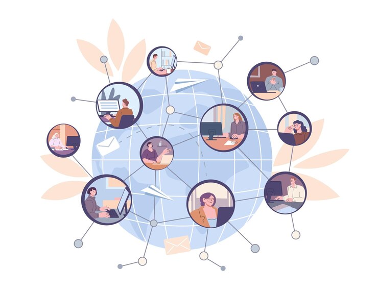 Vector worldwide social network communication business people or international corporate collaboration remote interaction office kicky vector characters