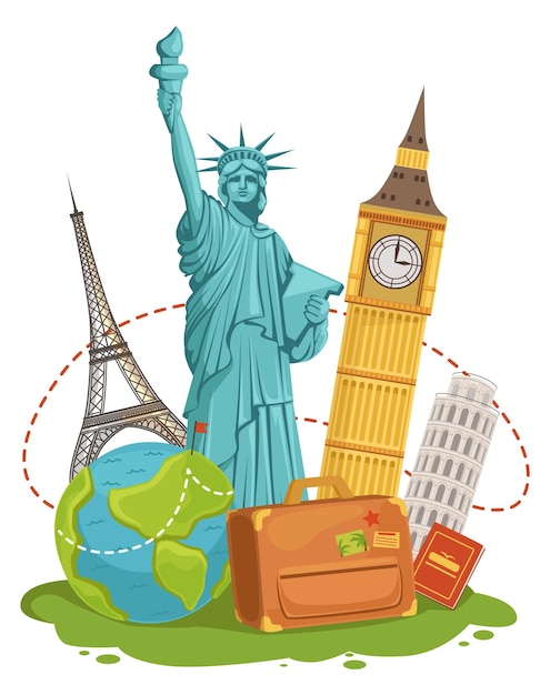 Vector worldwide travel landmarks tourist journey cartoon concept