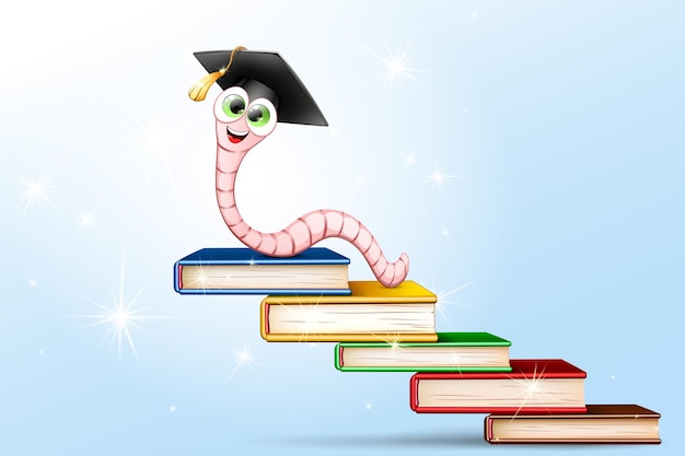 Worm in black graduate cap on Book stairs