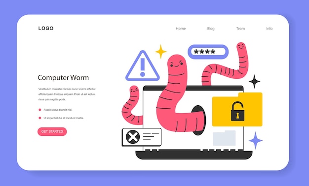 Веб-баннер или целевая страница кибератаки червя Ноутбук заражен вредоносным ПО компьютерного червя Автономно самовоспроизводящееся и распространяющееся программное обеспечение заражает компьютерные системы Плоская векторная иллюстрация