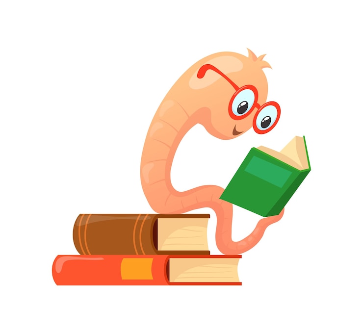 Vector worm read book funny bookworm character grub in stack information cartoon vector