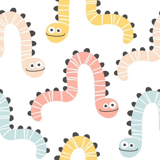 Worm snake seamless pattern. Monster in striped. Cute cartoon character in simple hand-drawn Scandinavian style. Vector childish doodle illustration. Baby textiles, fabric, digital paper.