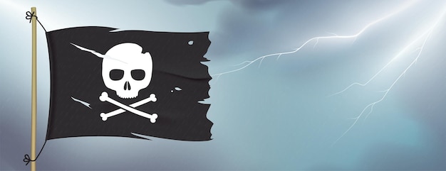 Изношенный пиратский флаг развевается на фоне темного неба с молнией. Скрещенные кости черный флаг вектор баннер дизайн с копией пространства.