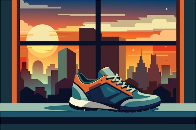 Vector wornout pair of running shoes beside a peaceful window showcasing a city skyline at dawn