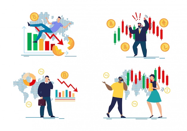 Worried angry traders and forex crush cartoon set