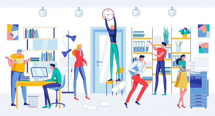 Vector worried cartoon people in office room deadline