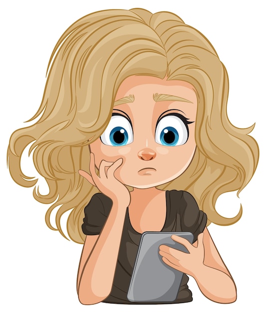 Vector worried cartoon woman holding phone