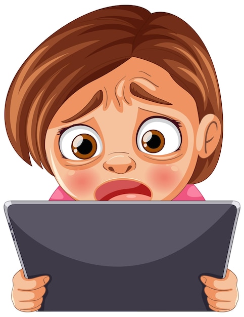 Vector worried child holding a tablet