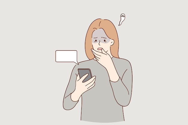 Worried concerned girl cartoon character looking at her phone screen