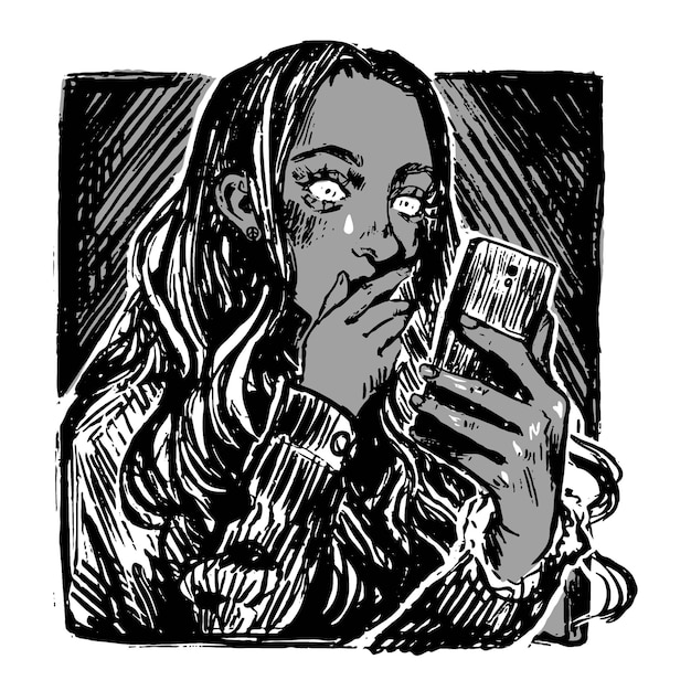 Worried girl looking at her phone screen and cry Bad news concept Monochrome hand drawn vector illustration Graphic picture isolated on white Artistic print in vintage engraving style