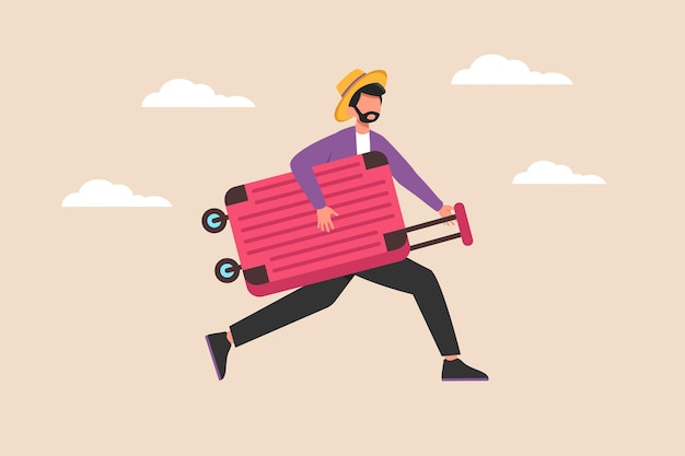 Worried male tourist with luggage running in hurry for plane in airport world tourism day concept colored flat cartoon vector illustration