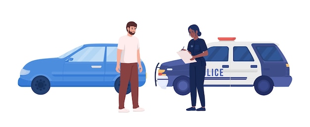 Worried man pulled over by female police officer semi flat color vector characters