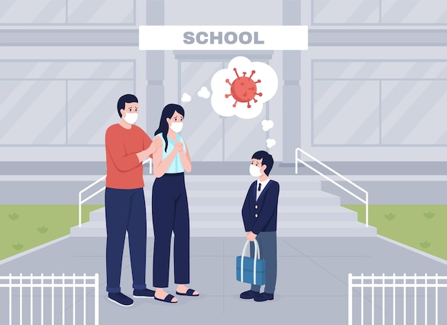 Worried parents see their son off to lessons flat color vector illustration. group of people in face masks. mom and dad anxious about pandemic 2d cartoon characters with school building on background