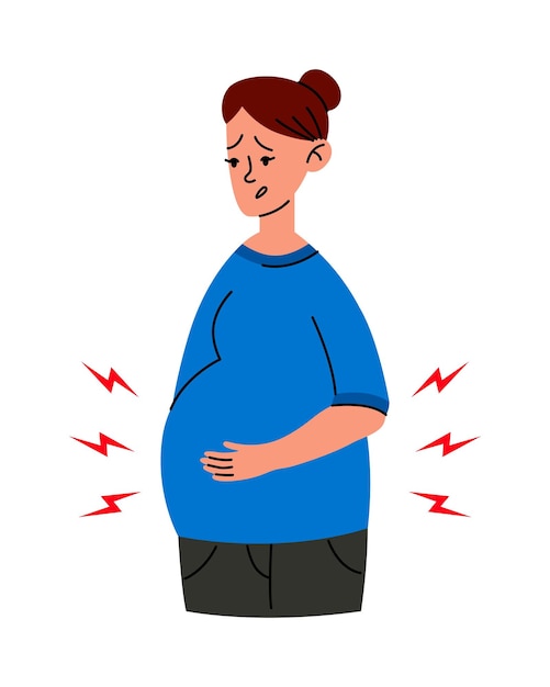 벡터 걱정하는 임신한 여성 위통 건강 문제 개념 조기 출산 수축