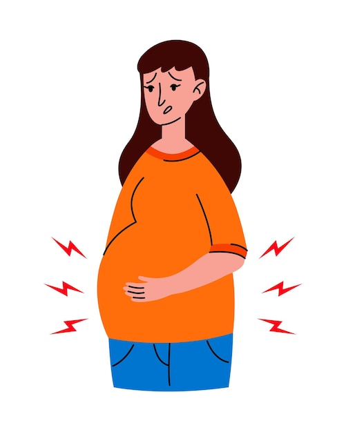 Vector worried pregnant woman stomach ache health problem concept premature birth contractions