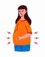 Vector worried pregnant woman stomach ache health problem concept premature birth contractions