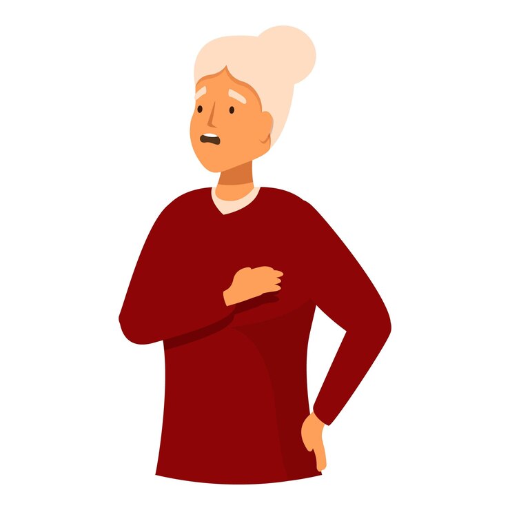 Vector worried senior woman holding her chest experiencing discomfort