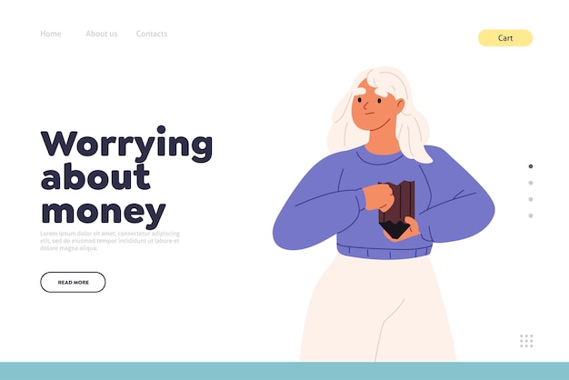 Worrying about money concept of landing page with poor woman suffer from financial problem loss