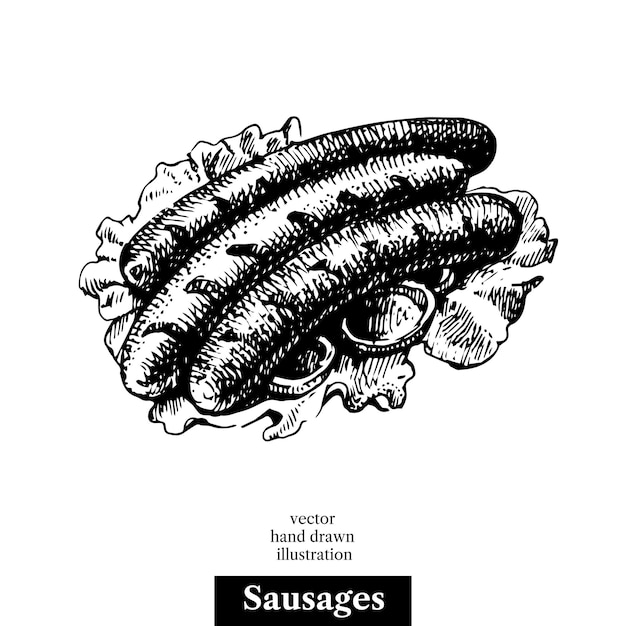 Worst grill Vintage fastfood hand getrokken schets illustratie Geïsoleerde achtergrond Menu ontwerp