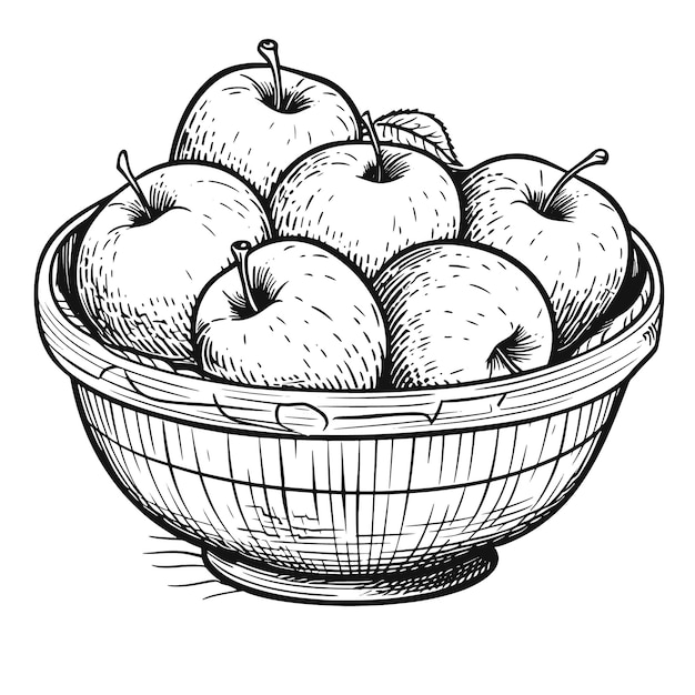 Тканая корзина с яблоками Винтажная векторная иллюстрация в стиле гравюры на дереве