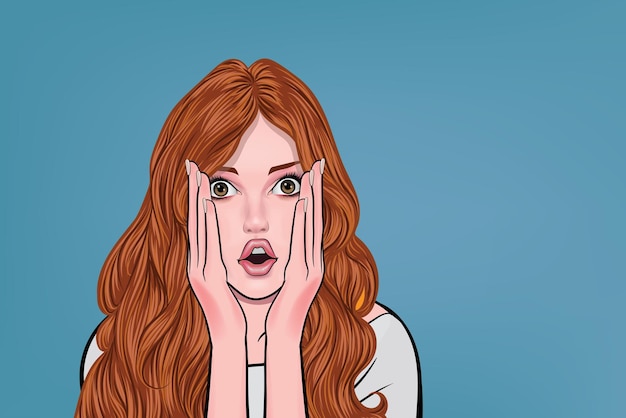Wow kijk hier eens naar De verraste vrouw legde haar hand op haar wang Opgewonden verraste vrouw die lege ruimte opgaf voor advertentie of promotionele tekst cartoon illustratie