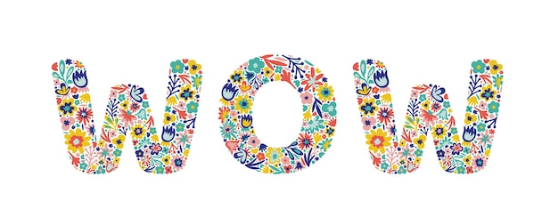 Wow lettering of flowers Doodle style Floral word Vector