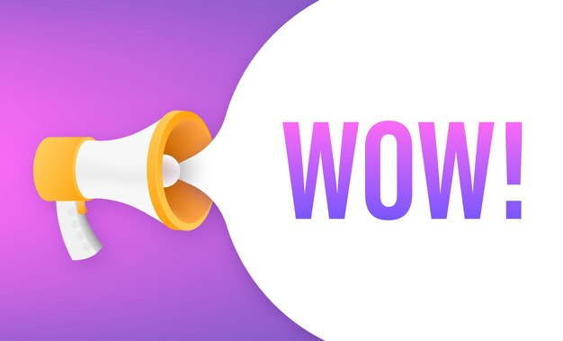 Wow megaphone. Flat vector illustration. Announce promotion offer. People communicate.