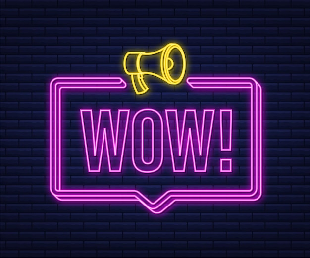 Wow neon megaphone. flat vector illustration. announce promotion offer. people communicate.