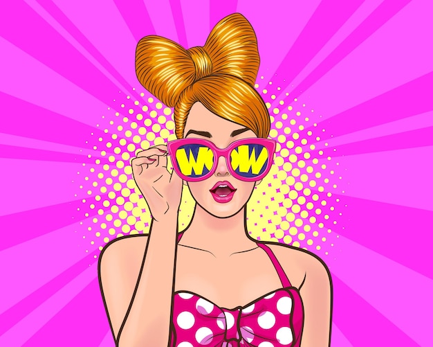 Wow surprised woman open mouth holding sunglasses in her hand in pop art comic style